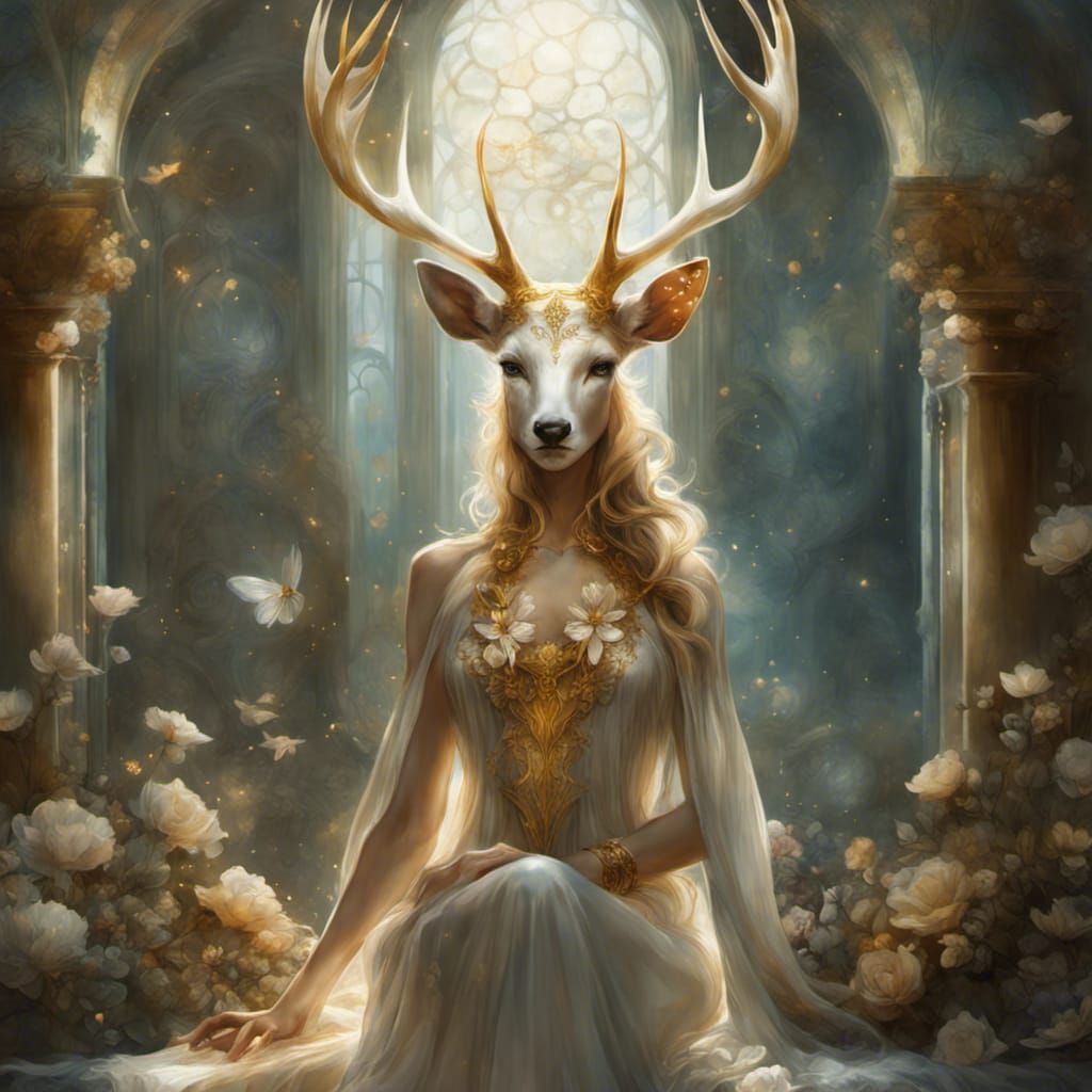 Golden Antlered Deer in Surreal Speedpainting Style