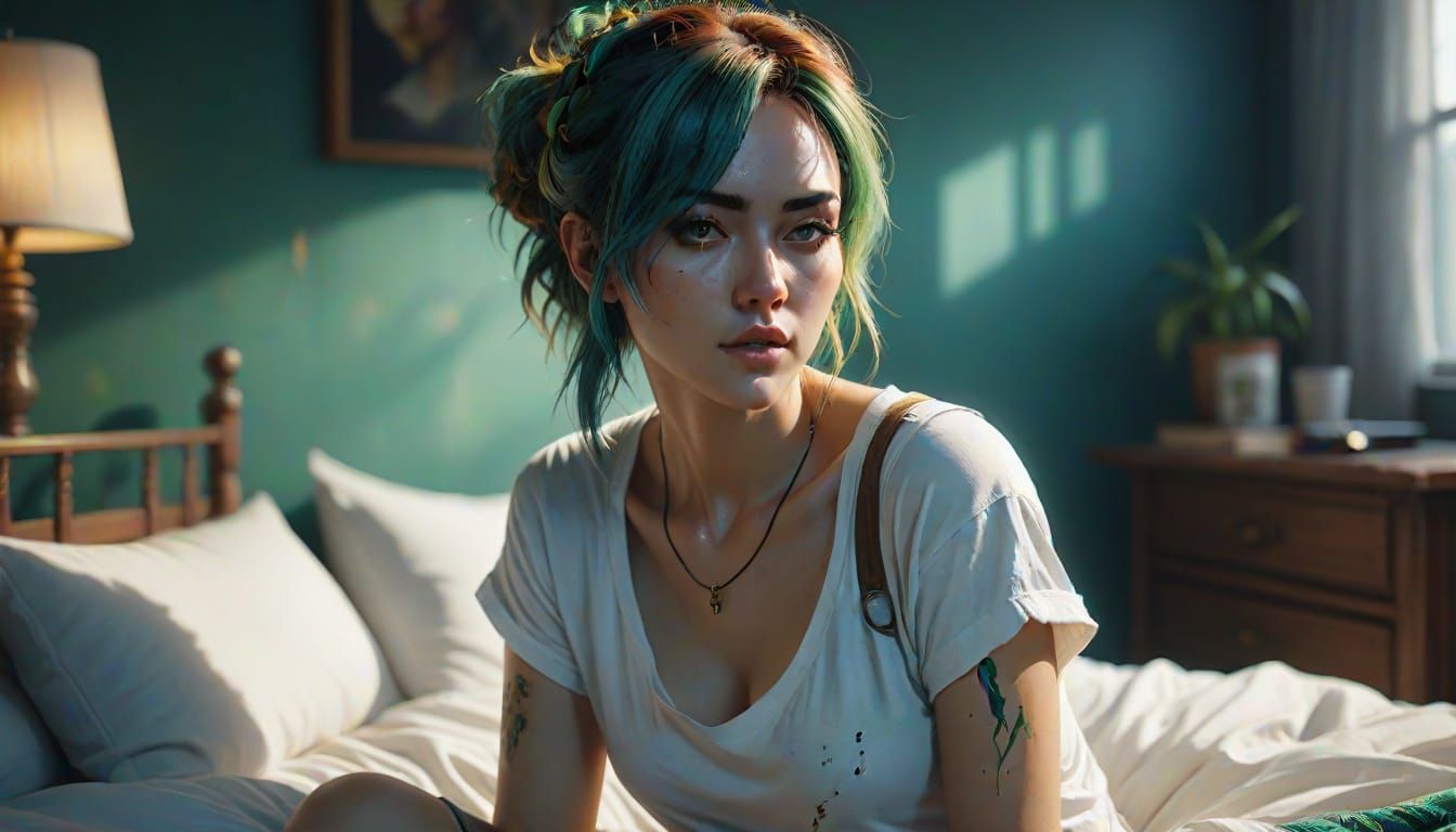 Dreamlike Watercolor Scene of a Young Woman with Green Skin ...