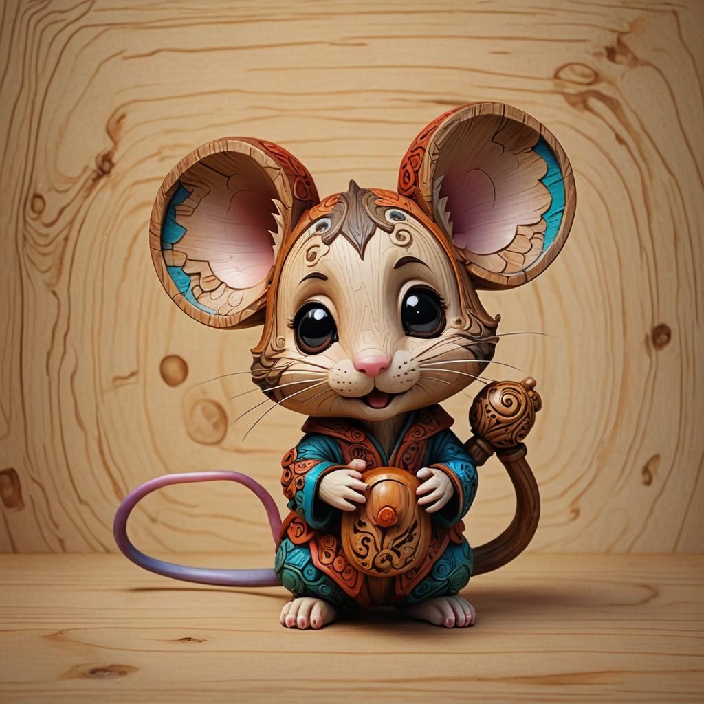 Chibi Mouse with Wooden Toy in Anime Style