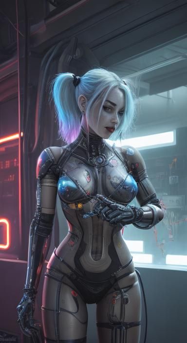 Harley Quinn as a Terminator Cyborg in Cyberpunk Style