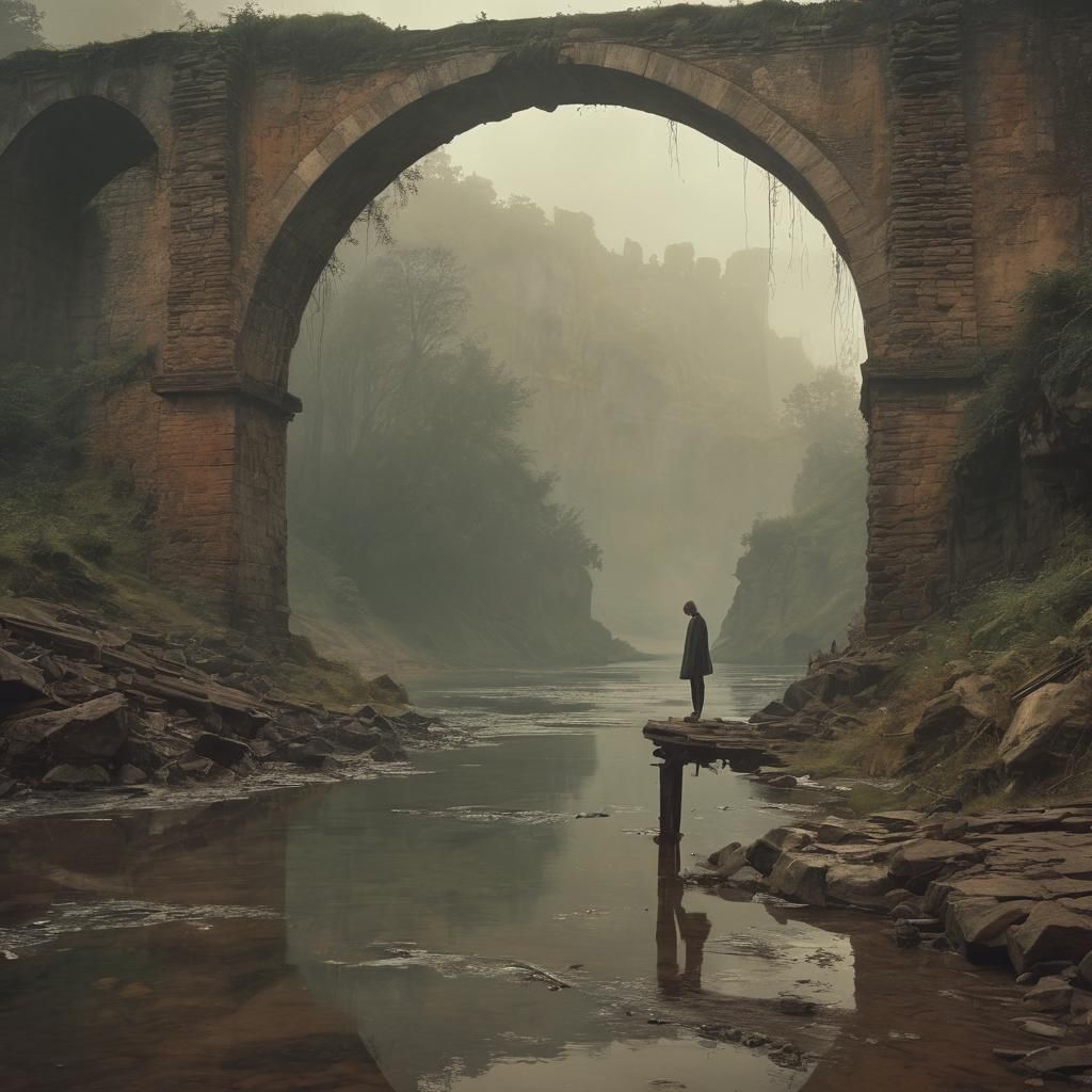 Figure Under Ruined Bridge in Cinematic Style