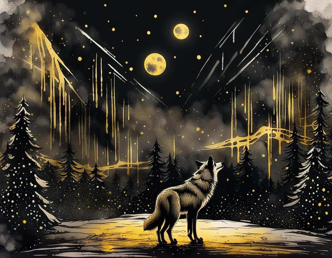 Wolf Amidst Snowy Mist in Moody European Ink Style