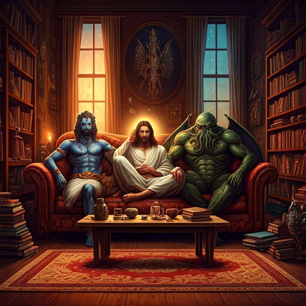 Deities Relaxing in an Apartment, in Surreal Mystical Realis...