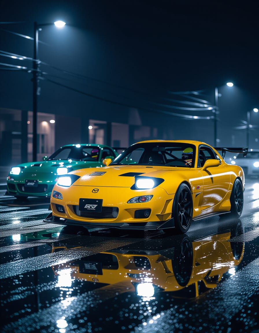 Hyper-Realistic Mazda RX7 Cars on Wet Asphalt