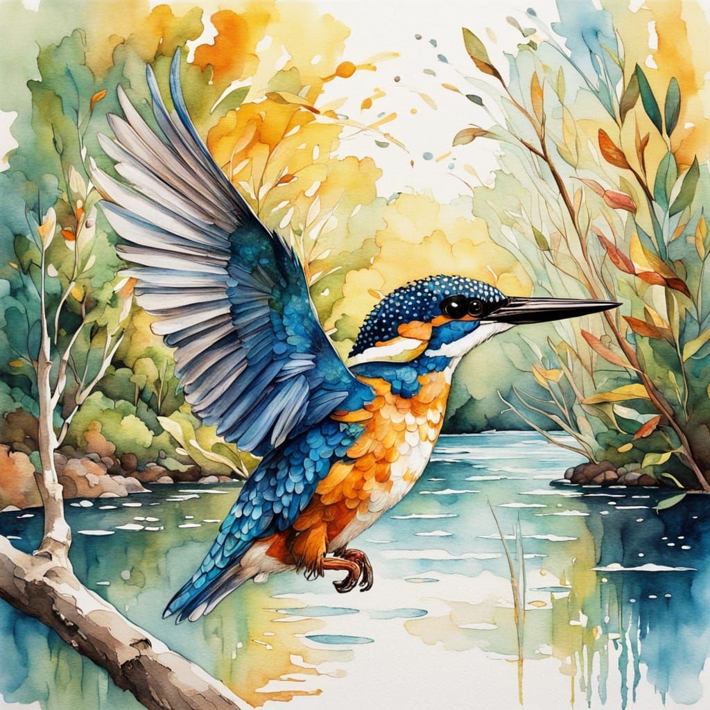 Vibrant Kingfisher in Mid-Flight, Riverbank Scene