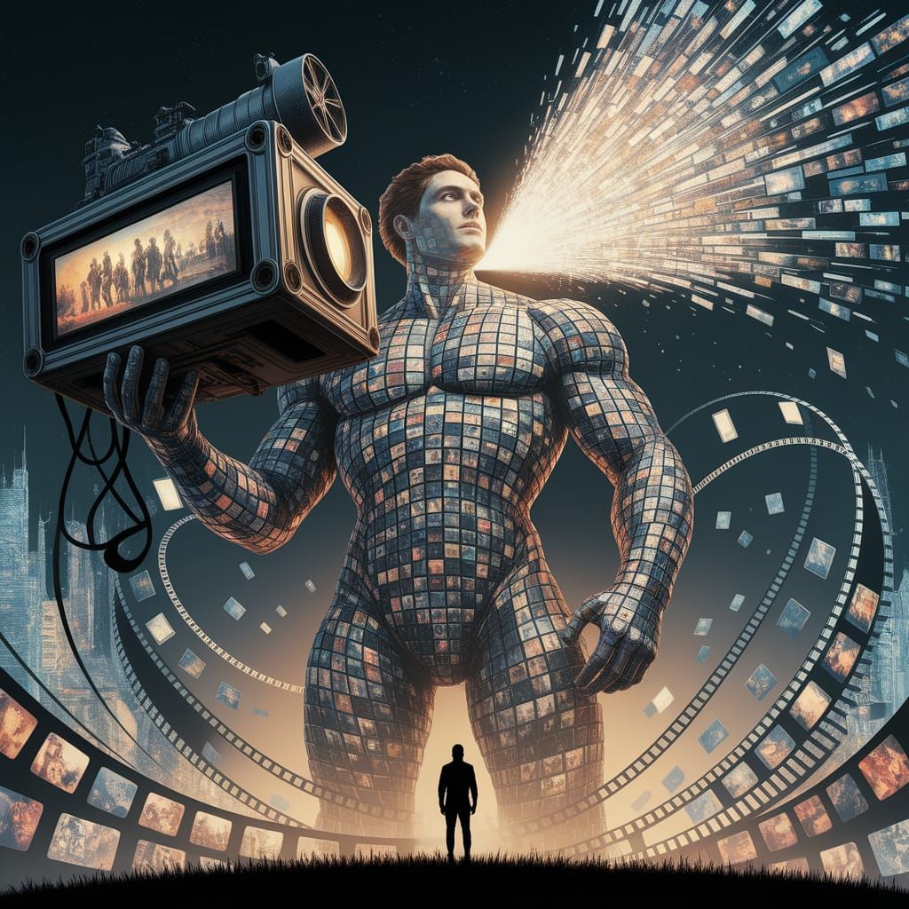 Colossal Cinema Figure Above Human Silhouette in Golden Dese...