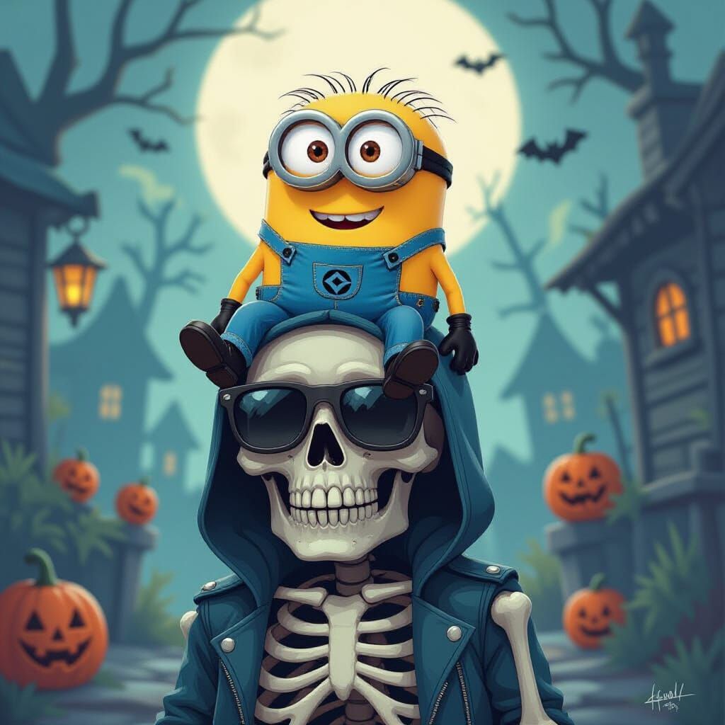Minion and Skeleton in Spooky Scene