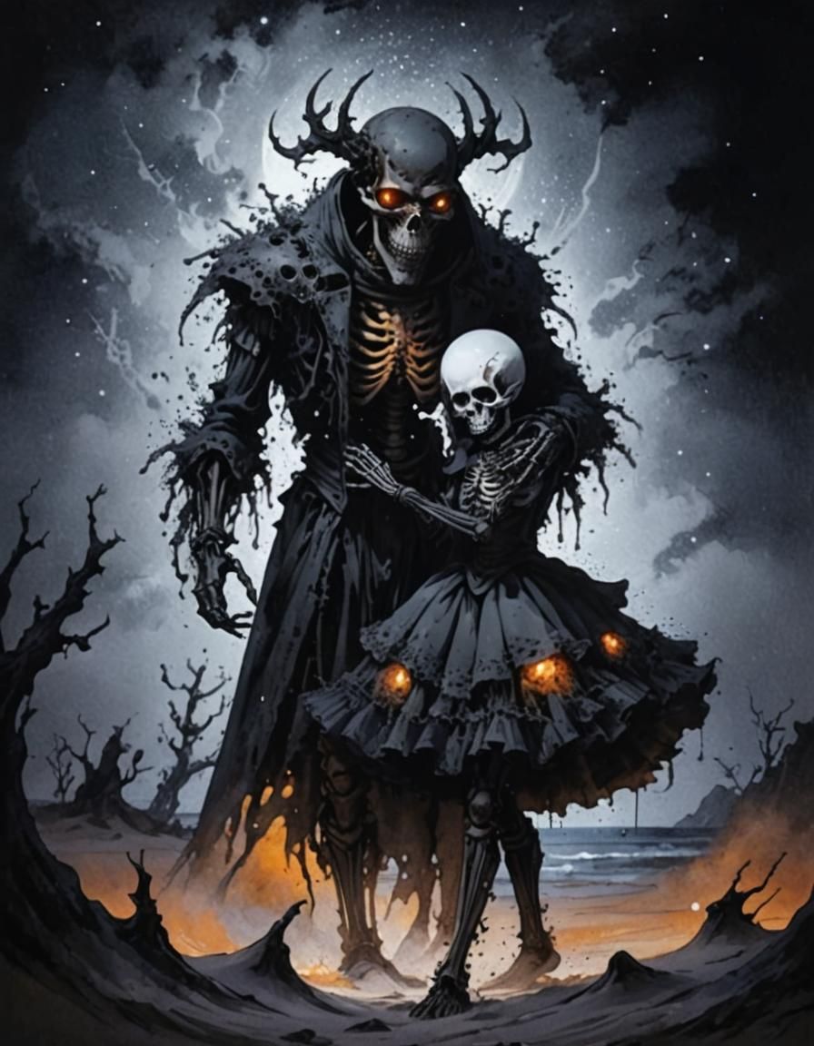 Ghostly Sand Skeletons on Moonlit Beach: Anime Watercolor