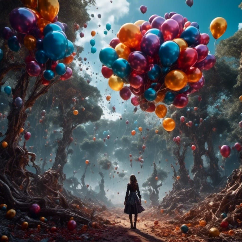 Child Releases Balloons in Destroyed Landscape