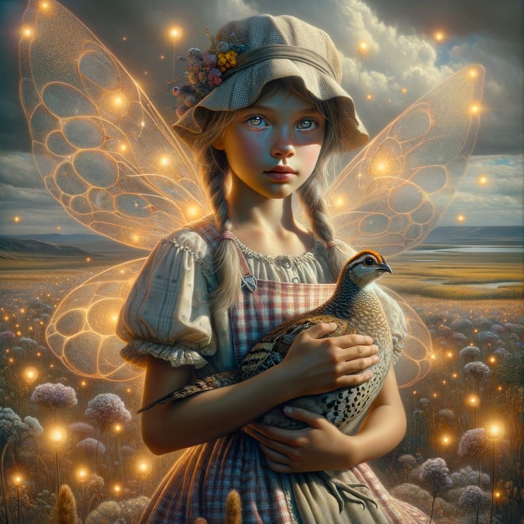 Ethereal Prairie Fairy in Gingham, with Grouse and Desert La...