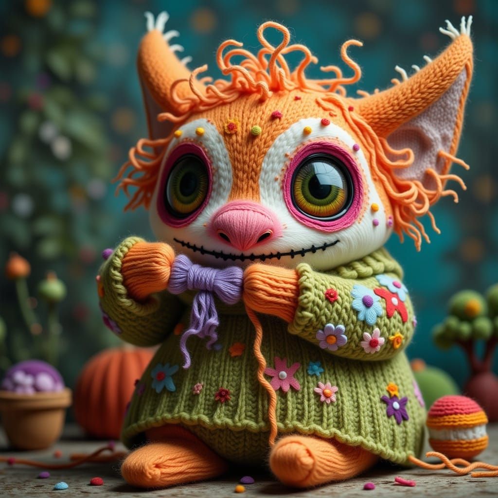 Yarn monster knitting a sweater, pop surrealism <lora:The Where 2:1.0>