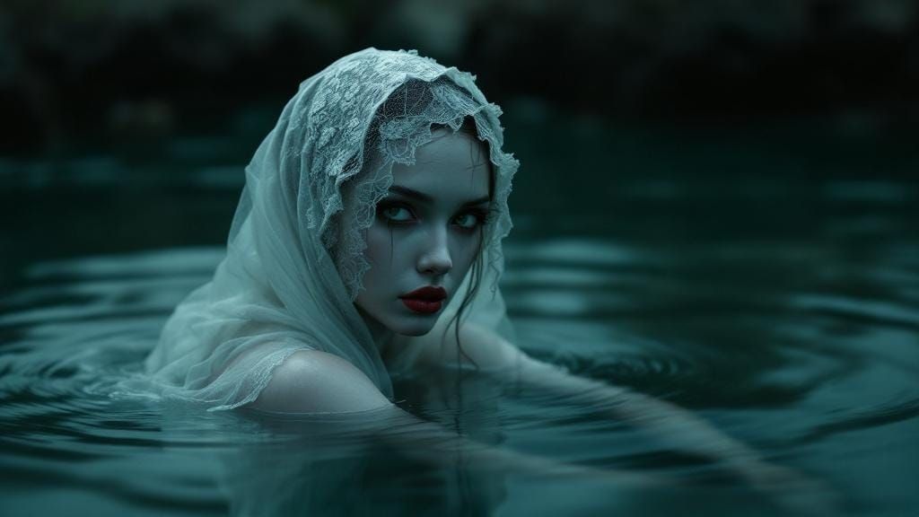 Ethereal Woman in Lake at Twilight