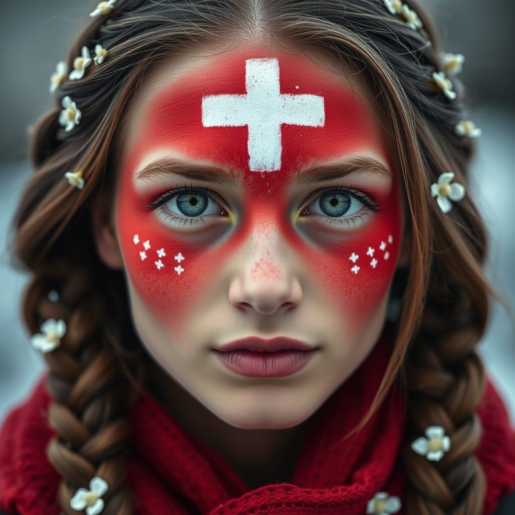 Icy-Eyed Woman with Red Face Paint and White Cross