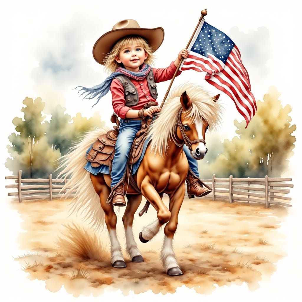 Toddler Cowgirl with Pony and Flag in Watercolor