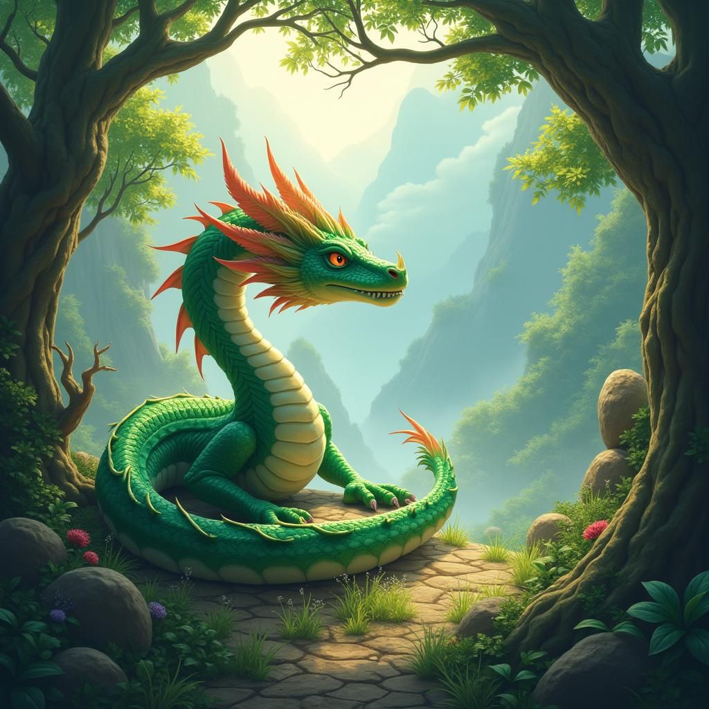 Happy Ombre Dragon in Mystical Forest, Hyper-Realistic Style