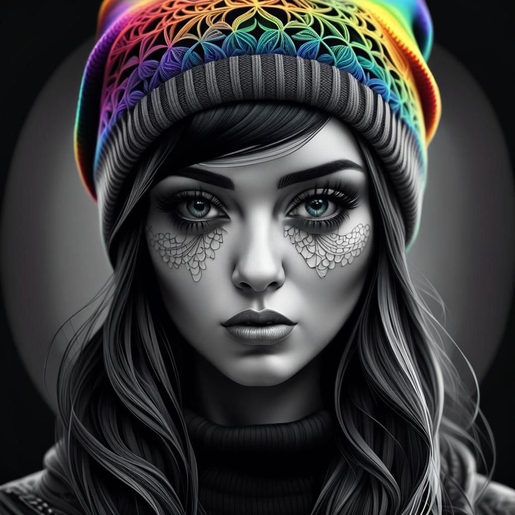 Greyscale Gothic Portrait with Rainbow Beanie