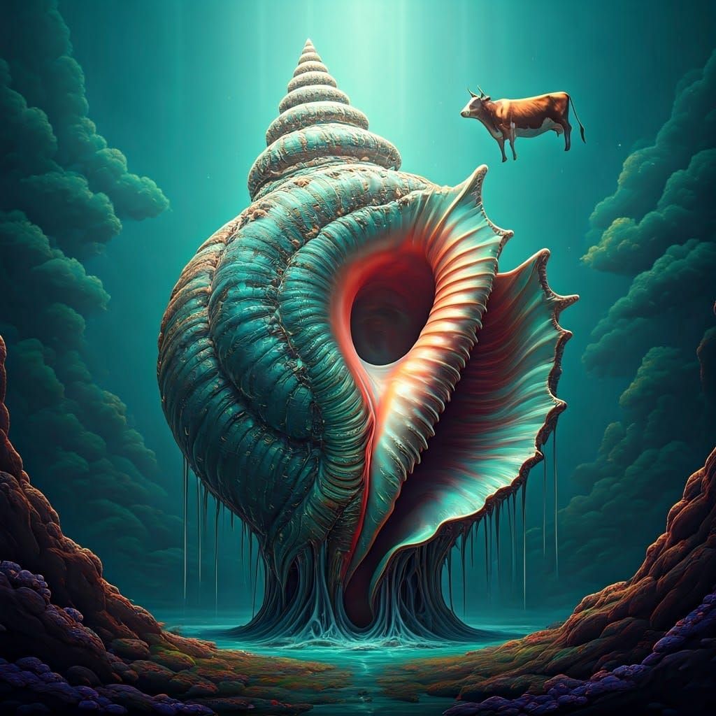 Surreal Conch Shell Inhaling a Cow, Trending Art