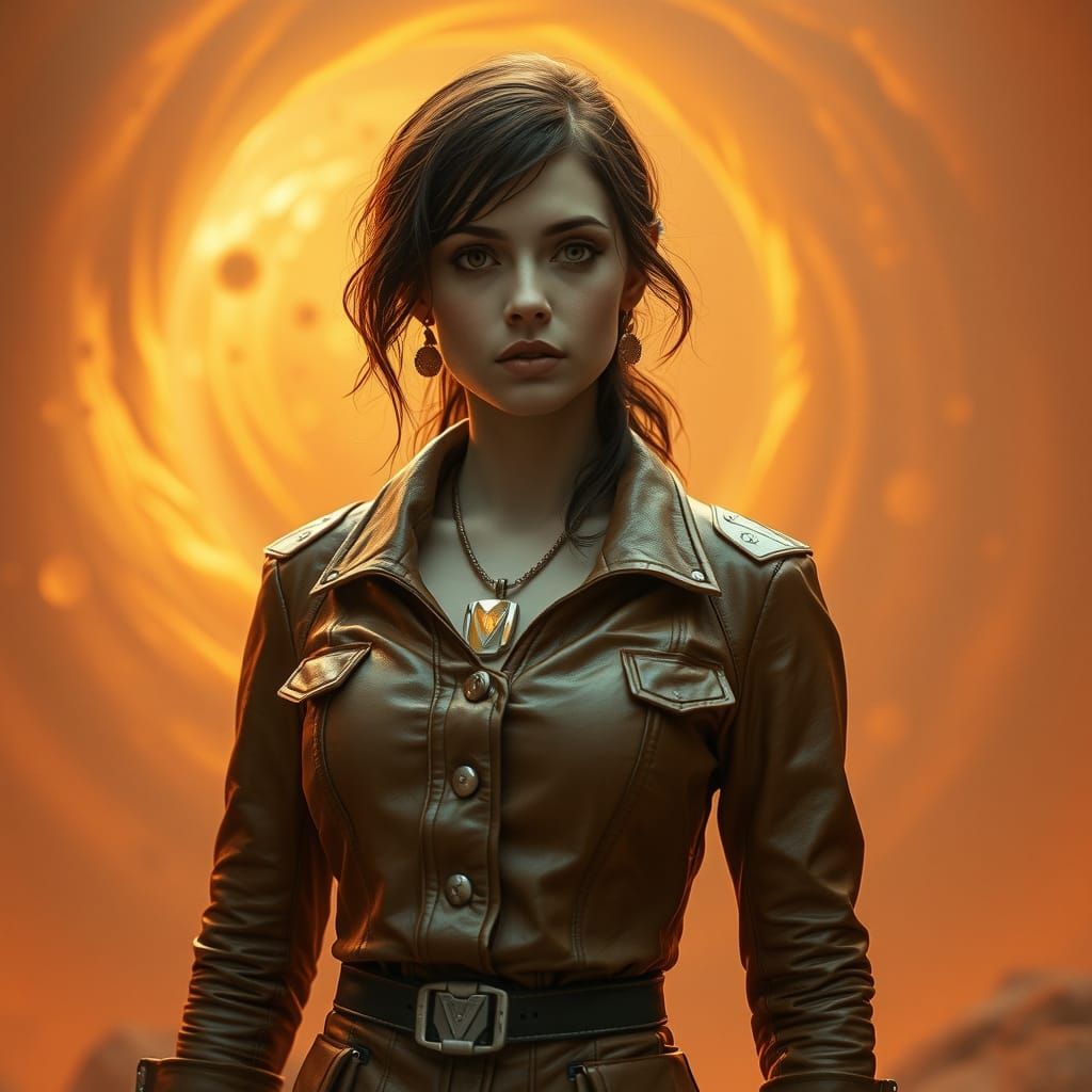 Futuristic Heroine in Earth Tones Amidst Nebula