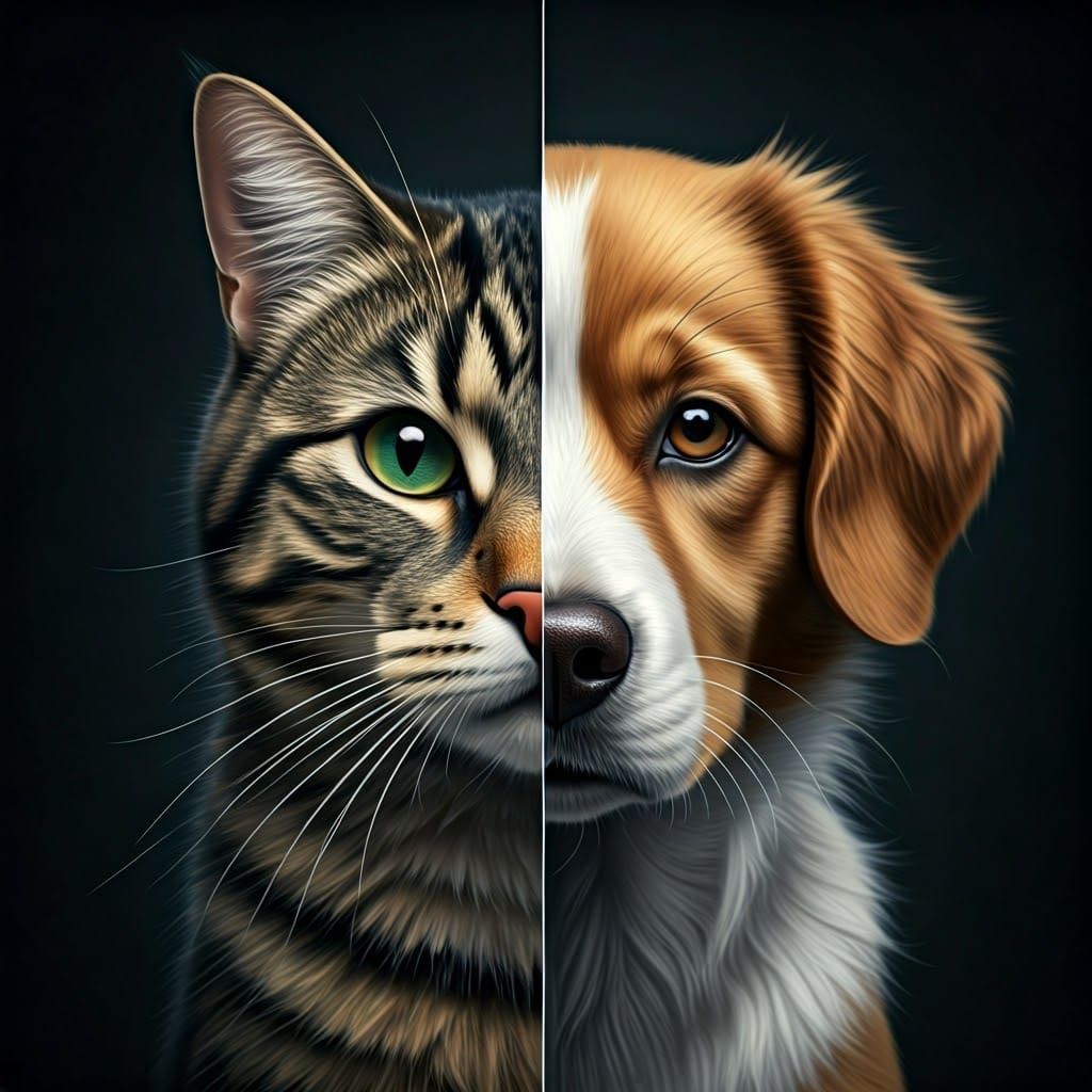 Serene Feline and Curious Canine Face Portrait