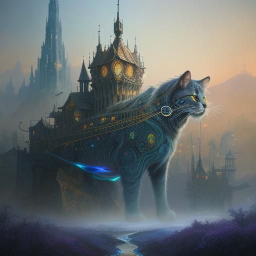 Cat with Shining Eyes in Kinetic Pointillism Style