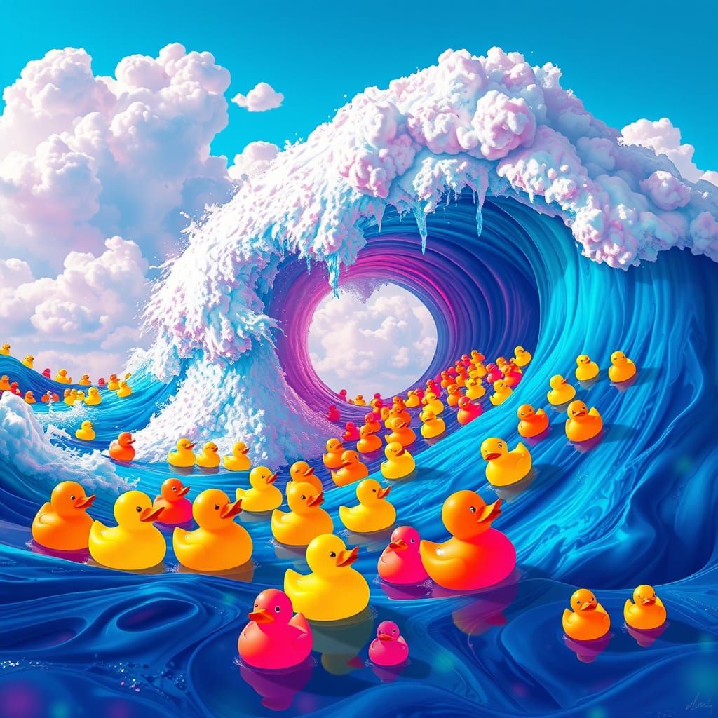 Vibrant Rubber Duck Tsunami in Futuristic Dreamscapes