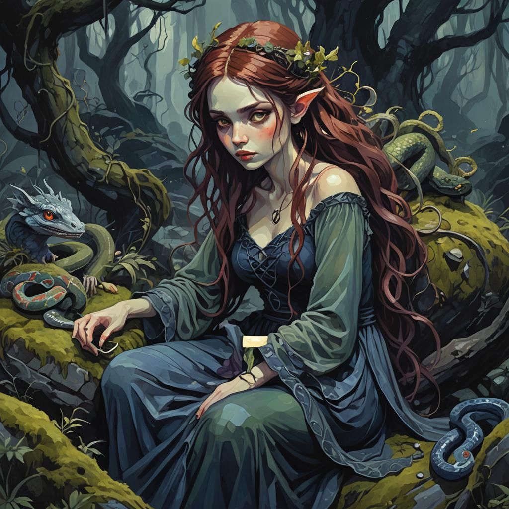 Dark Fairy with Snake in Fauvist Fantasy Style