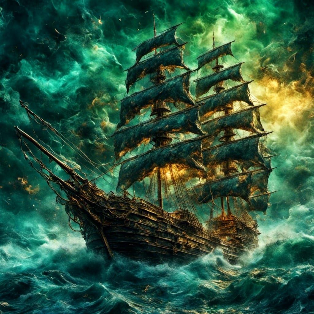 Pirate Ship Amidst Stormy Seas as Impasto Painting