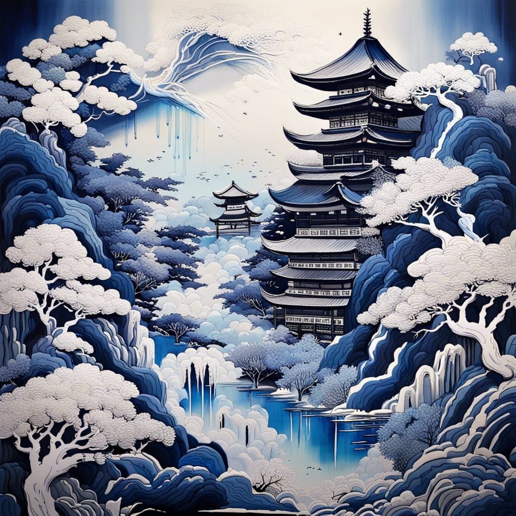 Japanese Landscape in Mixed Media with Gouache