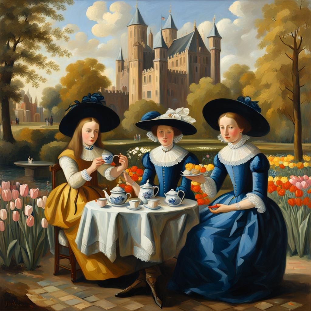 Duchesses' Tea Party: Vermeer-Style Oil Painting