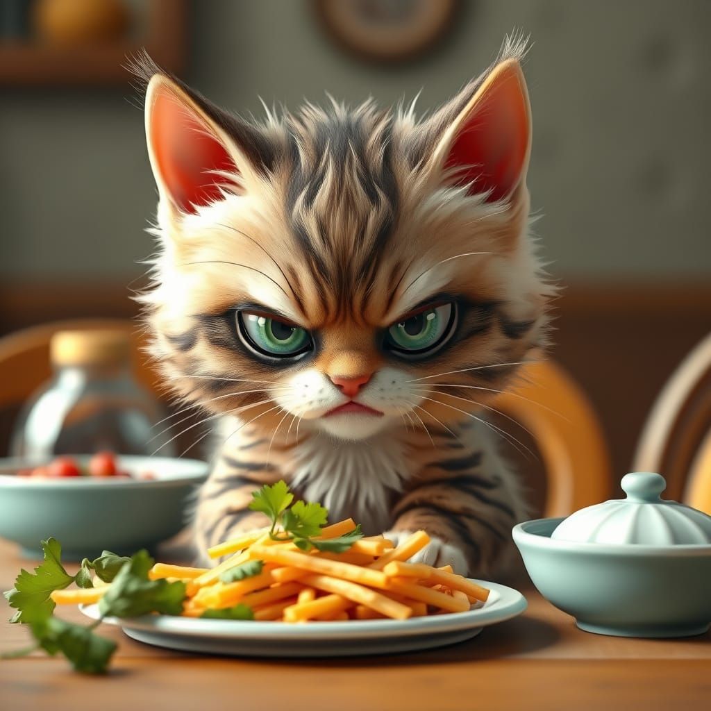 Angry Hairy Kitten on Dinner Table in CGI Cartoon