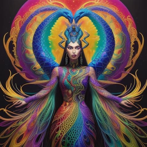 Rainbow Dragon Woman with Peacock Feathers in Abstract Style