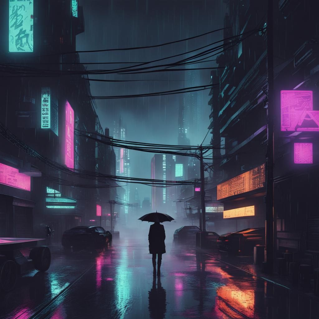 Cyberpunk Cityscape at Night in the Rain
