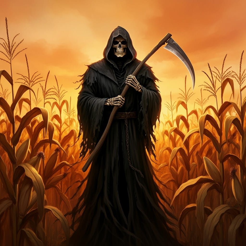 Grim Reaper Stands in a Golden Cornfield