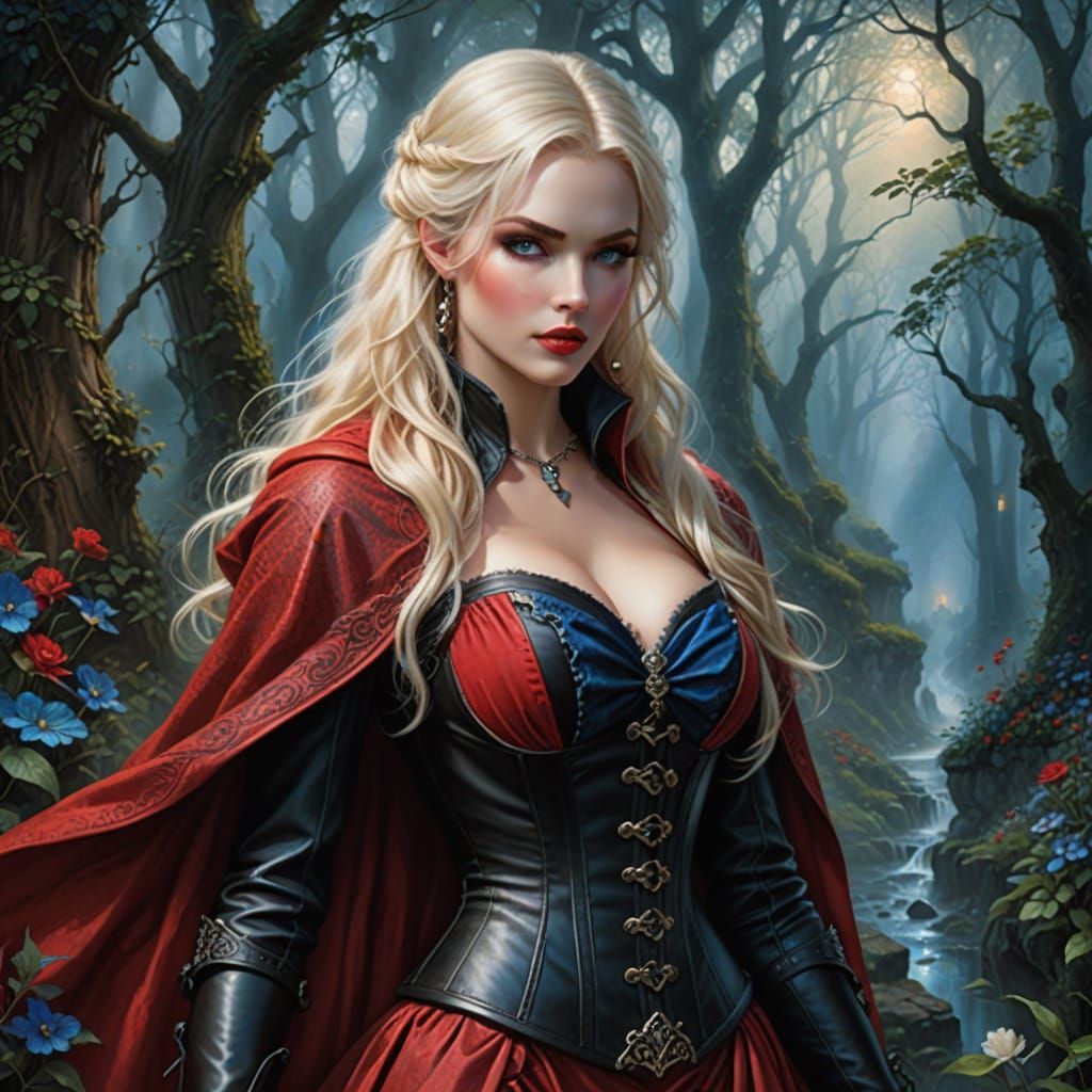 Sultry Red Riding Hood in Leather Corset Fantasy