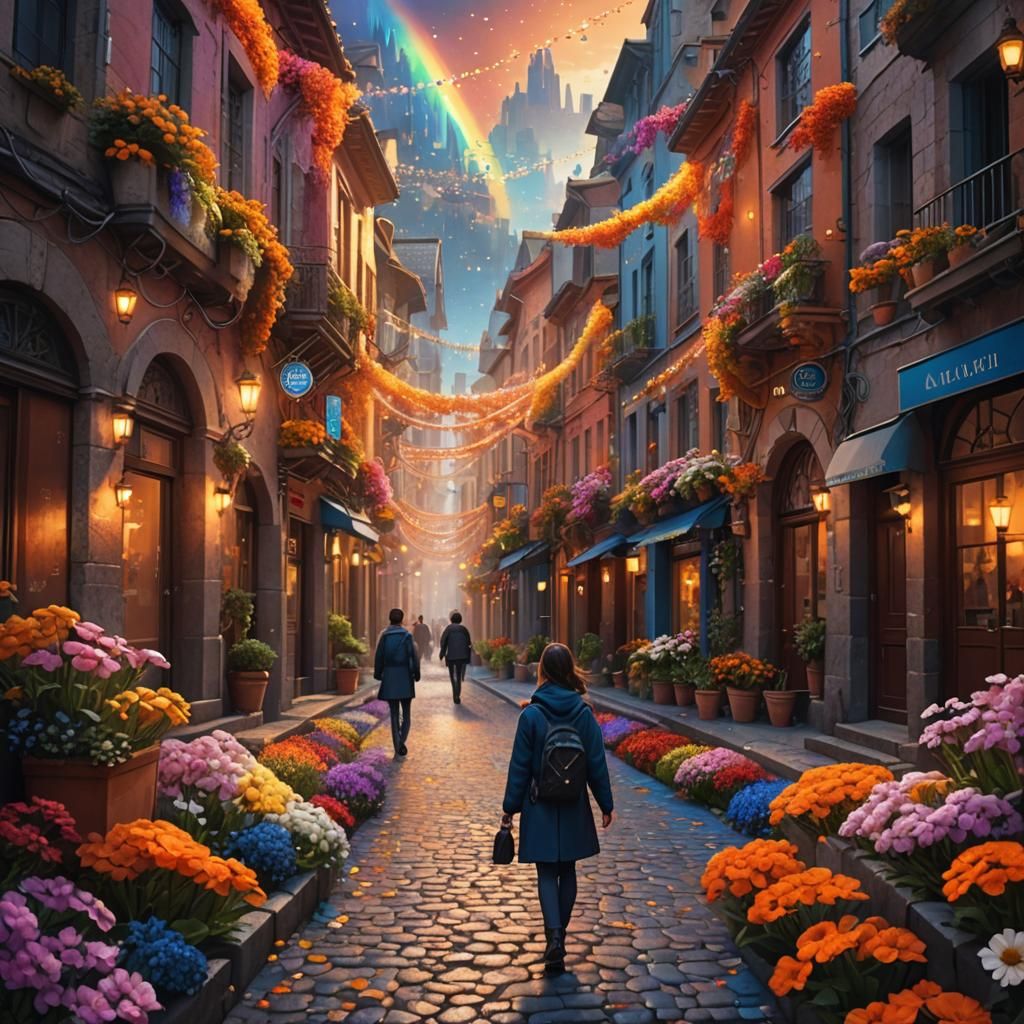Vibrant Street Scene with Blooming Flowers