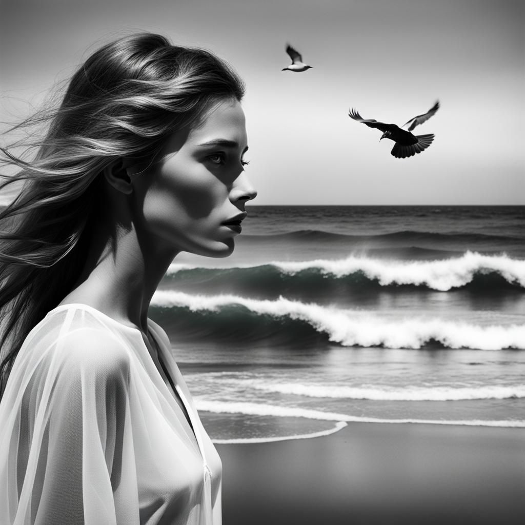 Double Exposure: Woman and Ocean in Ultra-Realistic Photo