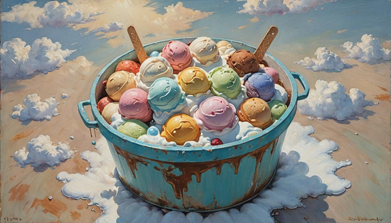 Floating Ice Cream Tub in Dreamy Oil Painting