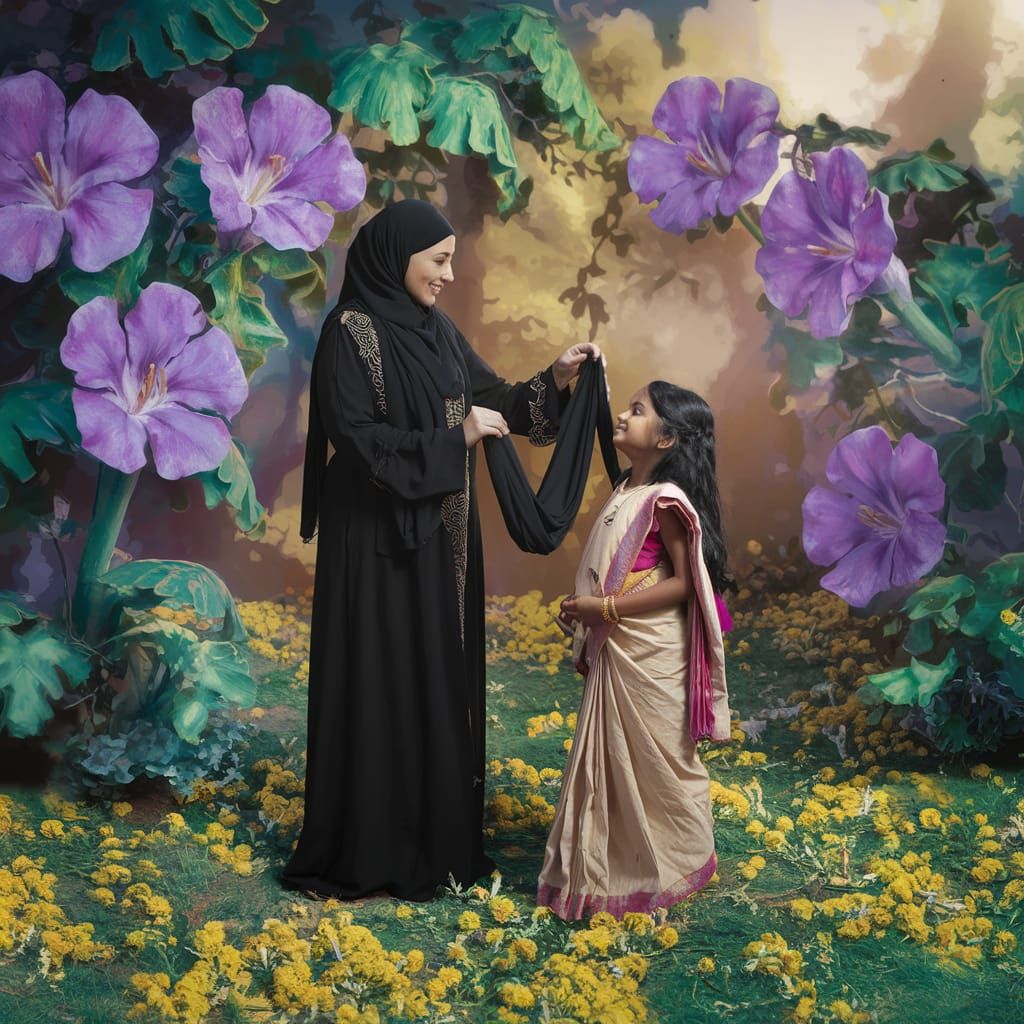 Arabic Woman Teaches Hindu Girl in a Lush Forest