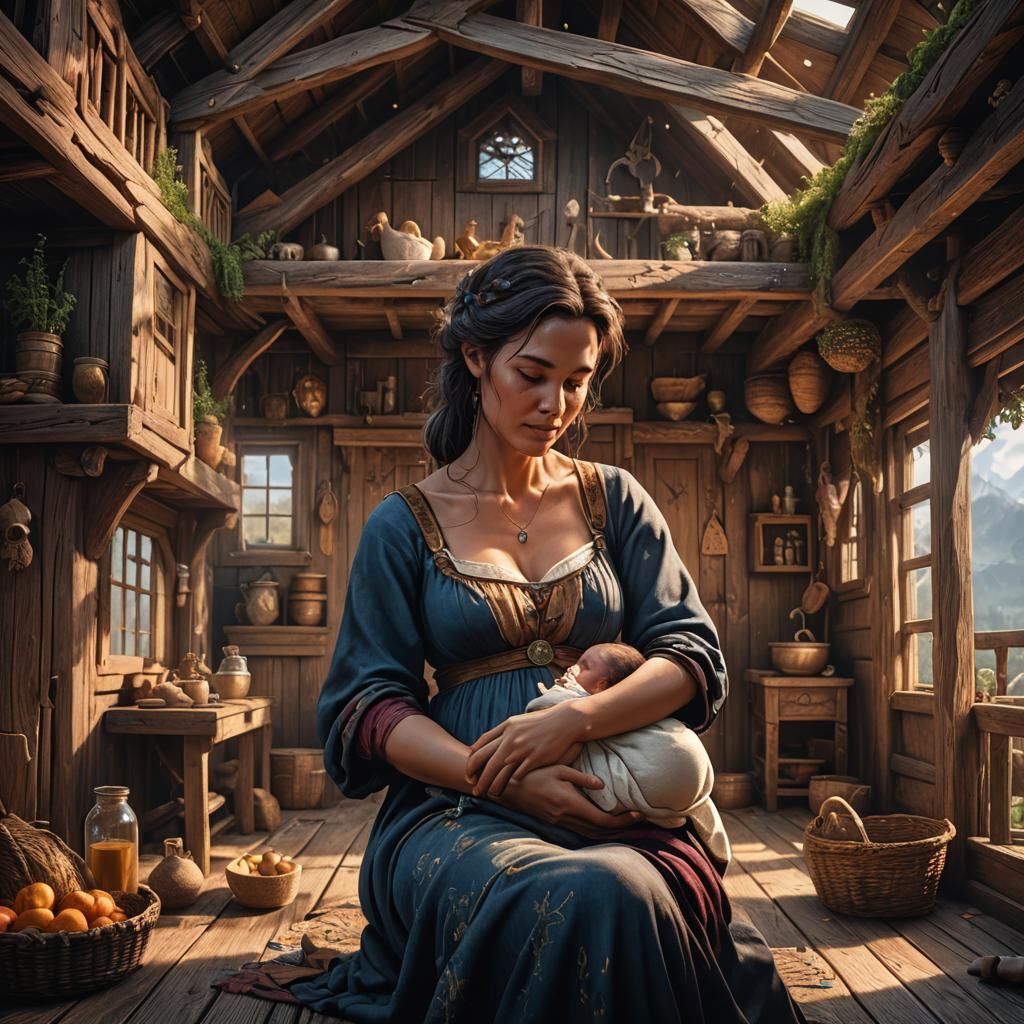 Breastfeeding Mother in Wooden House: Fantasy Concept Art