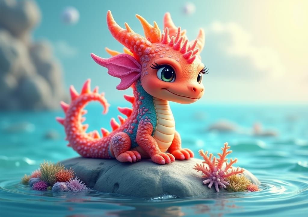 Vibrant Coral Chibi Dragon on Gray Stone