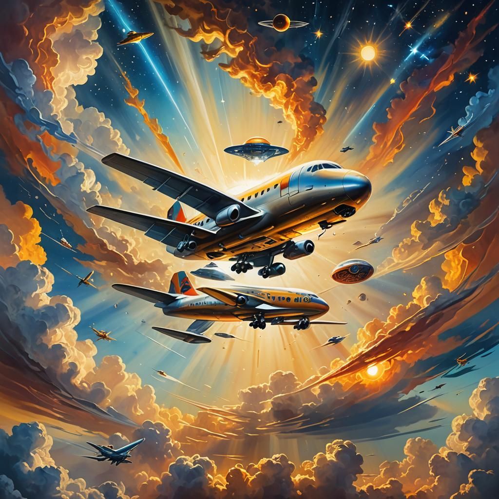 Surrealist Sky with Airplane and UFO in Oil Painting