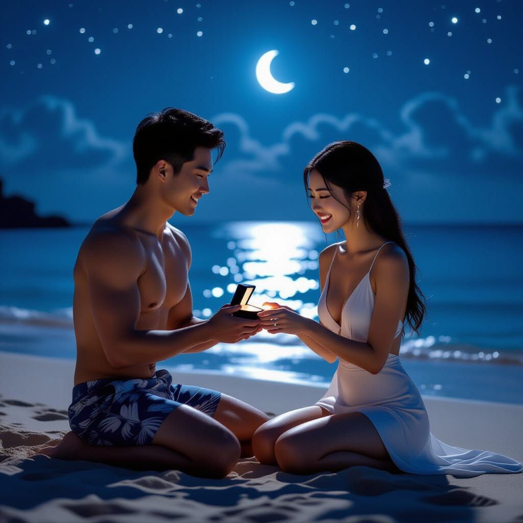 Romantic Beach Proposal Under Crescent Moon