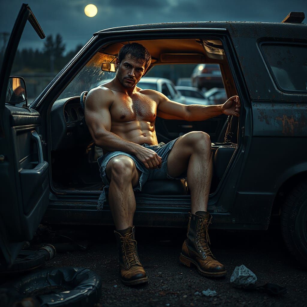 Muscular Mechanic in Junkyard: Sinister Photograph
