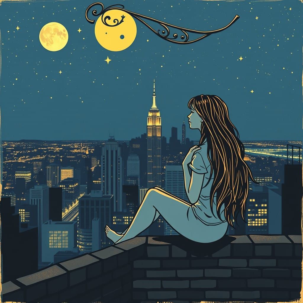 Serene Cityscape at Night, Whimsical Woodcut Style