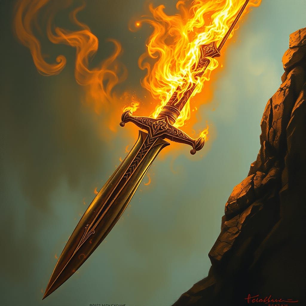 Majestic Ancient Sword Bathed in Fiery Golden Light