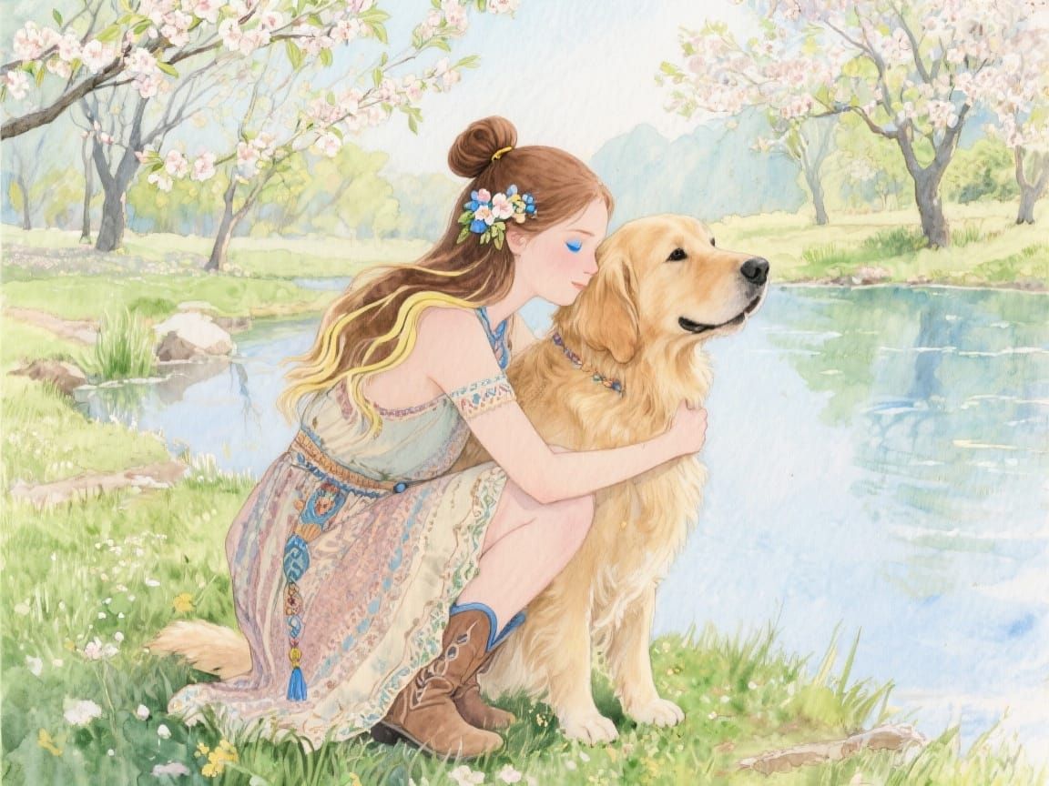 Woman and Dog in Spring: Watercolor and Alcohol Ink