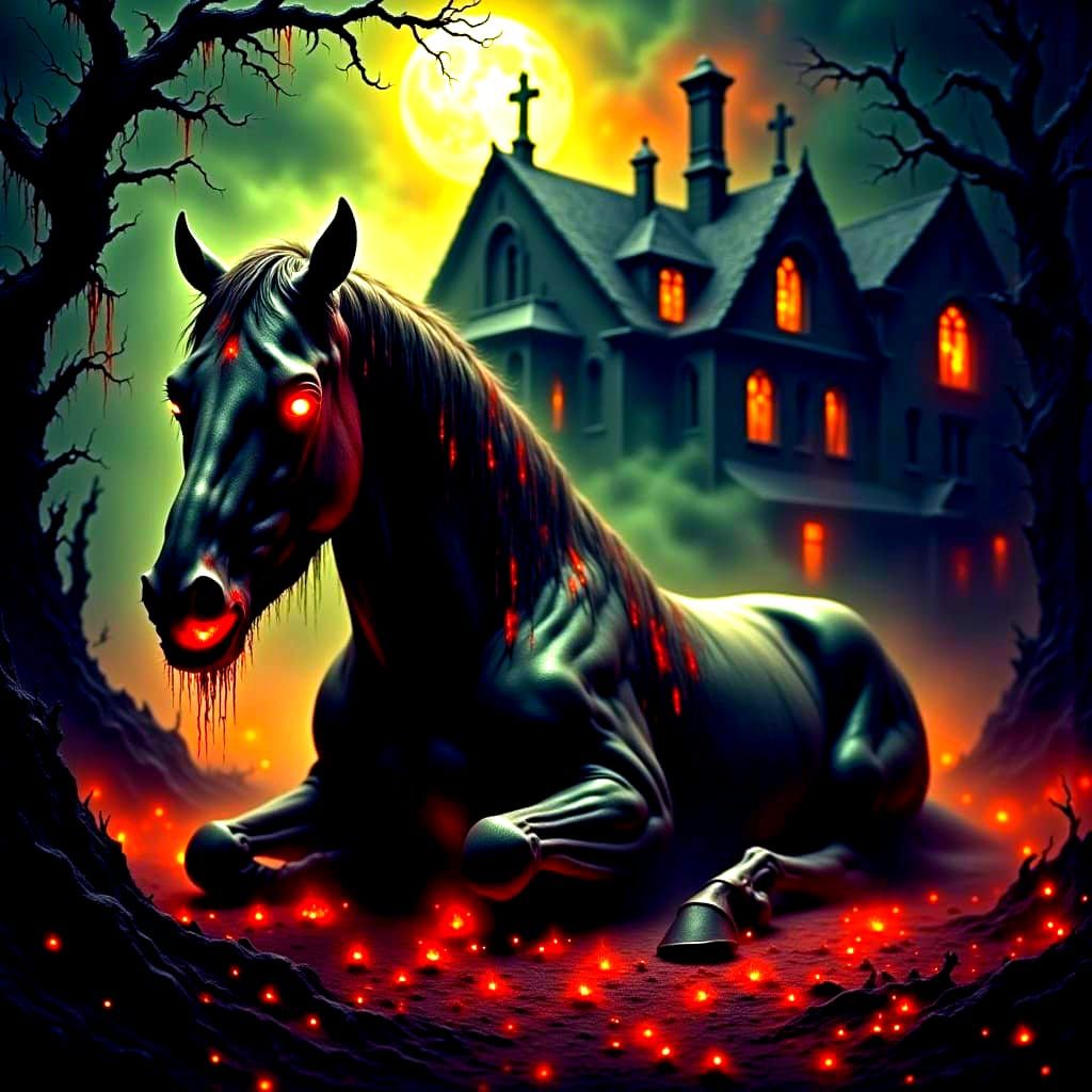 Horse Death with Chainsaw in Dark Fantasy Style