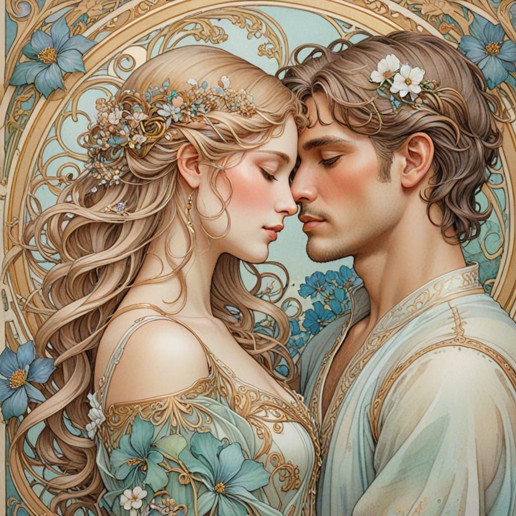 Art Nouveau Couple Embracing with Floral Hair in Soft Pastel...