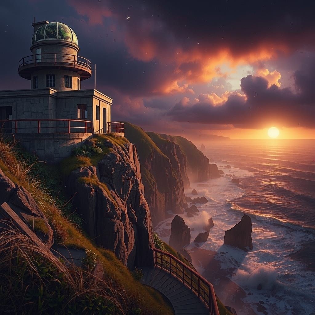 Abandoned Observatory Overlooking Stormy Sea