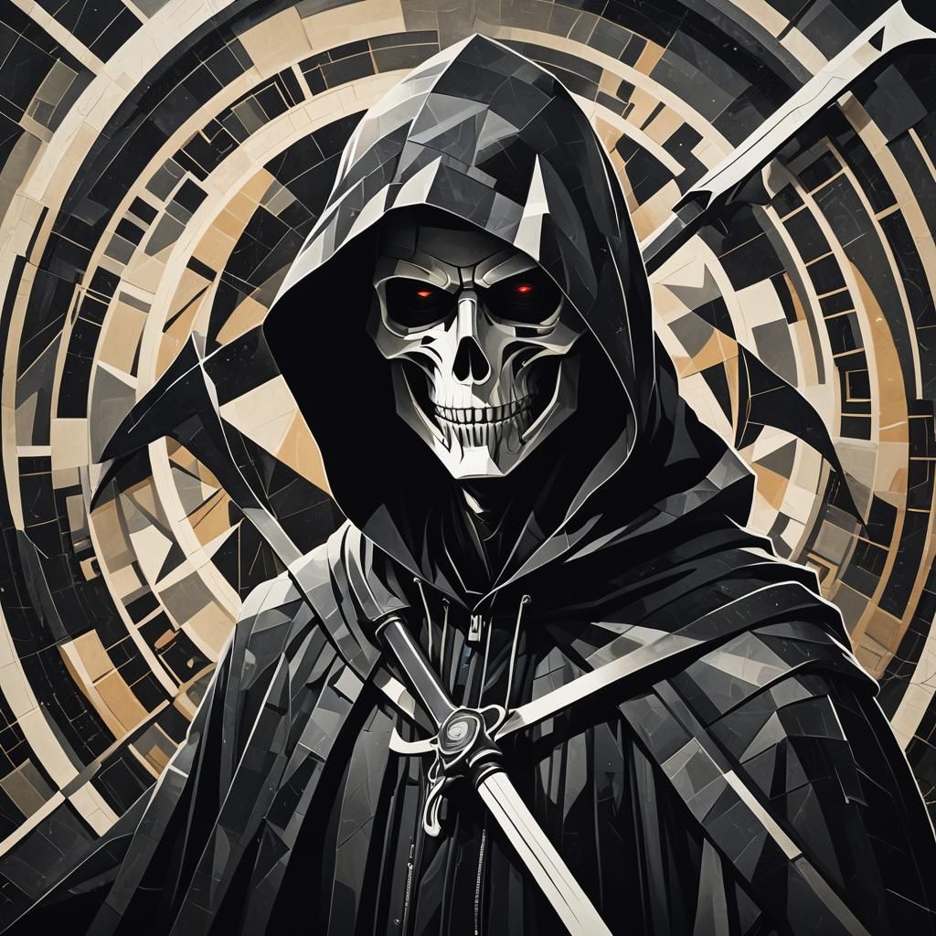 Cubist Grim Reaper Portrait with Art Deco Elements